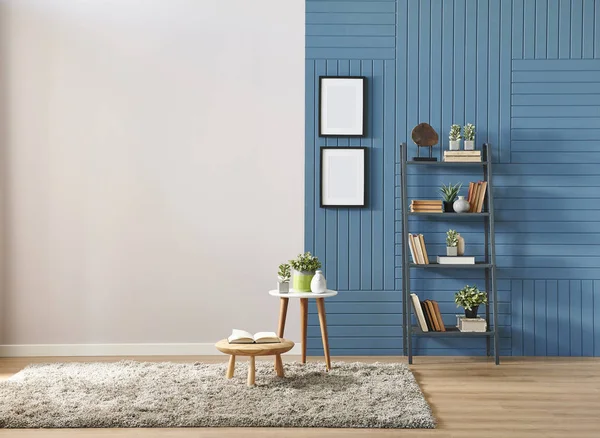 Blauwe Wand Achtergrond Decoratieve Boekenplank Met Boekentapijt Frame Home Object — Stockfoto