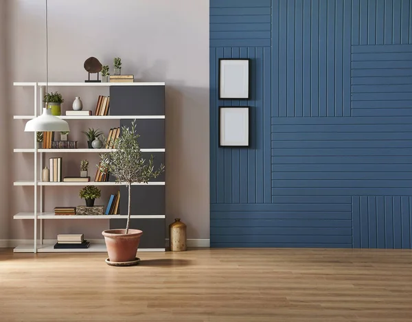 Chambre Bleue Décorative Avec Mur Blanc Vase Étagère Livre Plantes — Photo