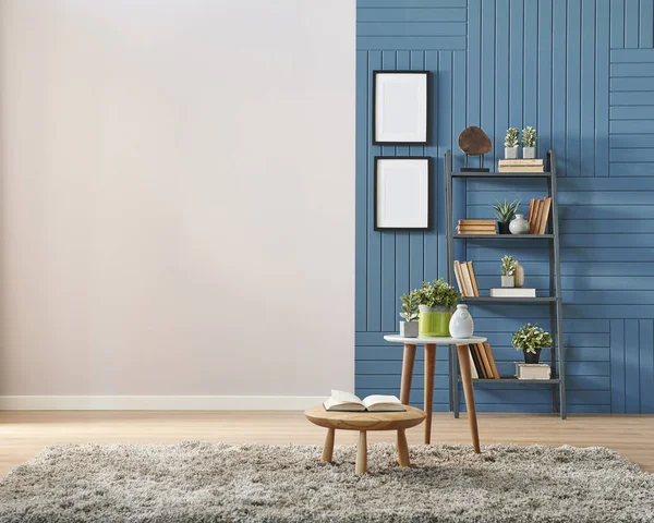 Decorative blue room with white wall, bookshelf vase of plant book and frame design interior style.