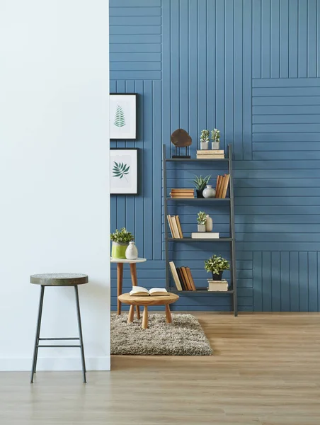 Blauwe Wand Achtergrond Decoratieve Boekenplank Met Boekentapijt Frame Home Object — Stockfoto