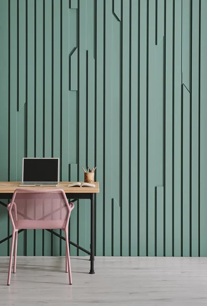 Modern Room Wood Working Table Chair Wall Computer — Stock Photo, Image