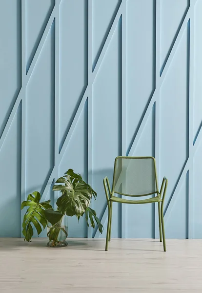 Blue decorative wall, modern background, blue wall detail. room and parquet floor