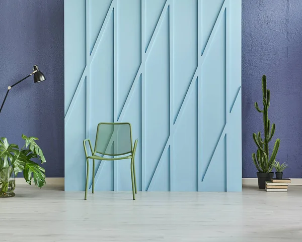 Blue decorative wall, modern background, blue wall detail. room and parquet floor