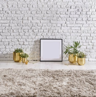 Altın nesne tarzı, beyaz tuğla duvar arka plan ile halı detay için modern oda dekorasyonu