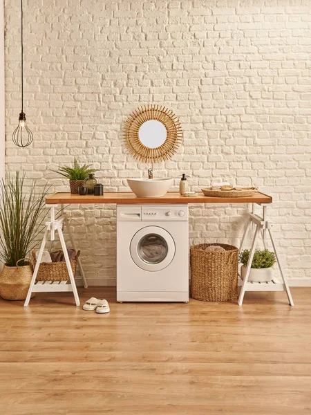 Modern Bath Room Washing Machine Concept Interior Style White Brick — Stock Photo, Image