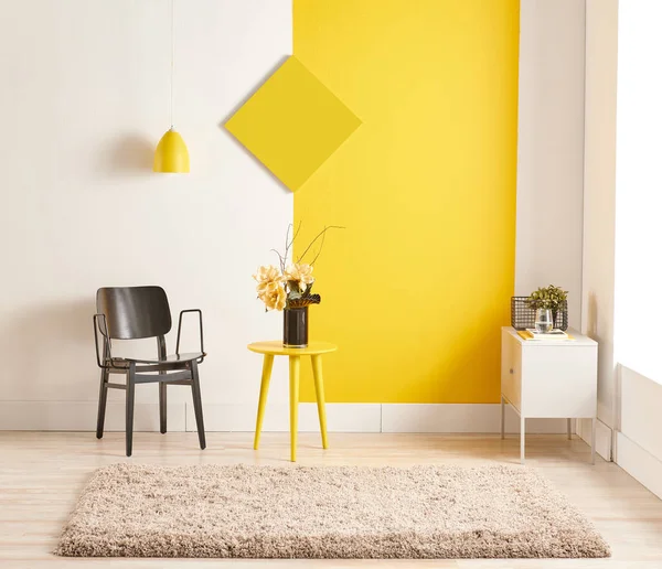 Decorative room and wall background yellow style and chair concept. Interior decor.
