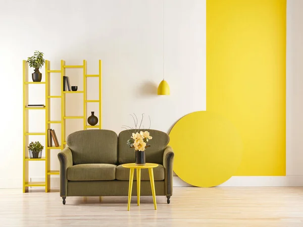 Modern Room Yellow White Background Green Sofa Style Bookshelf Coffee — Stock Photo, Image