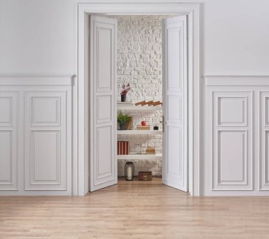 Odaya beyaz klasik duvar arka planı, tuğla duvar ve raf mutfak tarzı.