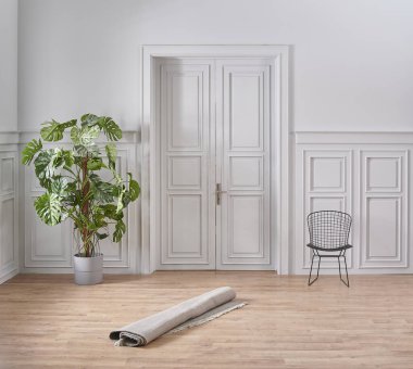 Evden taşınma, beyaz klasik duvar, karton kutu ve aksesuar.