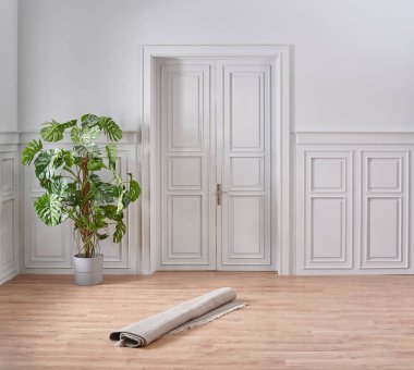 Evden taşınma, beyaz klasik duvar, karton kutu ve aksesuar.