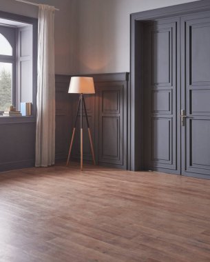 Pencere ve manzaralı dekoratif oda tarzı. Ev dekorasyonu, gri renkli duvar, bitki ve kapı dekorundan yapılmış vazo..