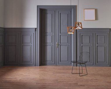 Gri klasik kapı ve duvar konsepti, bitki ve kahverengi parke zemin vazosu.