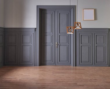 Gri klasik kapı ve duvar konsepti, bitki ve kahverengi parke zemin vazosu.