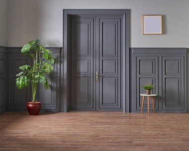 Gri klasik kapı ve duvar konsepti, bitki ve kahverengi parke zemin vazosu.