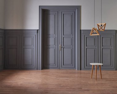 Gri klasik kapı ve duvar konsepti, bitki ve kahverengi parke zemin vazosu.