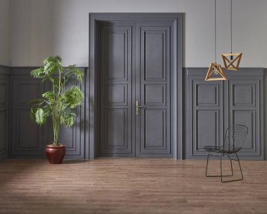 Dekoratif oda duvarı arka planı, gri renk ve klasik tarz, modern ev konsepti.
