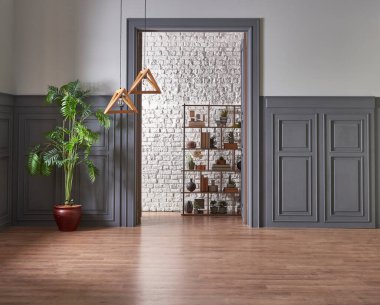 Dekoratif oda duvarı arka planı, gri renk ve klasik tarz, modern ev konsepti.