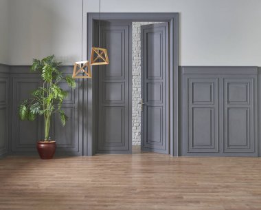 Dekoratif oda duvarı arka planı, gri renk ve klasik tarz, modern ev konsepti.