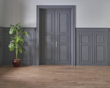 Dekoratif oda duvarı arka planı, gri renk ve klasik tarz, modern ev konsepti.