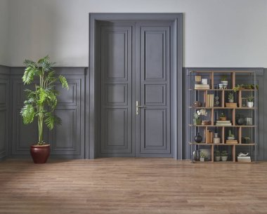 Dekoratif oda duvarı arka planı, gri renk ve klasik tarz, modern ev konsepti.
