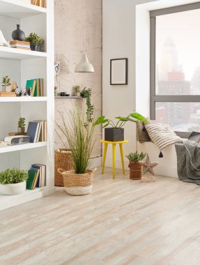 Dekoratif oturma odası tarzı, bitki ve mavi koltuk rafı vazosu..