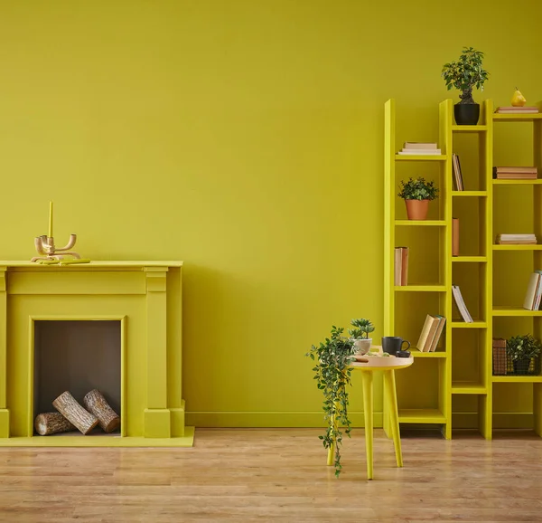 采购产品黄色房间内部的概念 装饰壁炉木材和蜡烛 书架和家居用品与灯 咖啡桌内部风格 — 图库照片