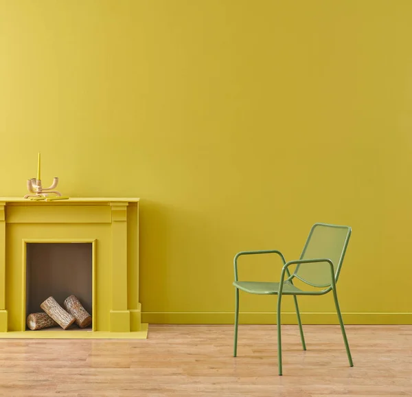 Decorative chair concept in the yellow room and fireplace style.