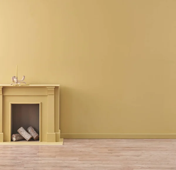 Fireplace in the room and yellow color wall background decoration style with candle.