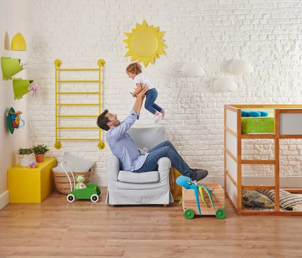 Modernes Babyzimmer Interieur Stil Weiße Ziegelwand Gelbe Sonne Und Wolke — Stockfoto