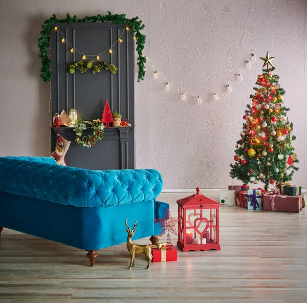 Anno Nuovo Decorazione Interni Natale Muro Pietra Camino Classico Grigio — Foto Stock