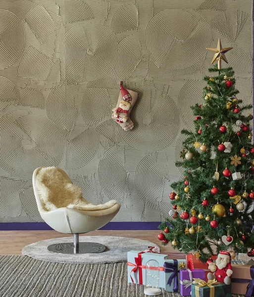 Schöner Tannenbaum Geschenkbox Weißer Sessel Und Teppichdekoration Grauer Steinwand Hintergrund — Stockfoto