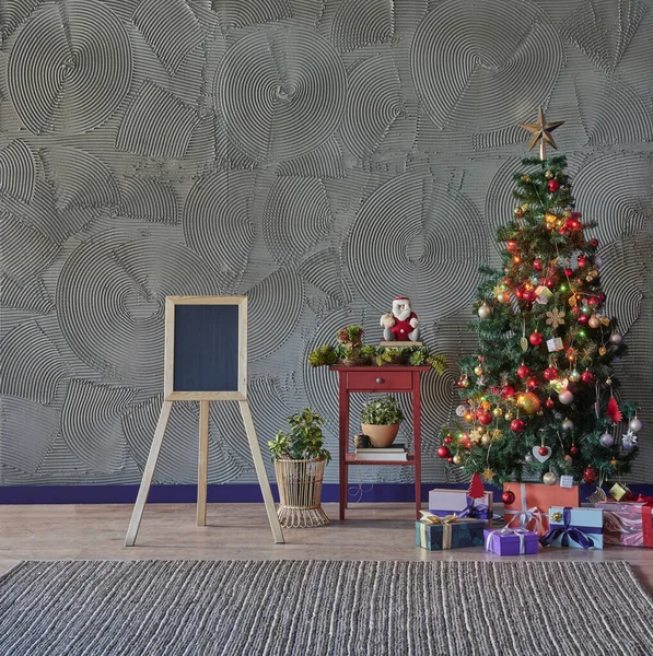 Vánoce Nový Rok Interiér Šedou Kamennou Zdí Pozadí Dřevěné Černé — Stock fotografie