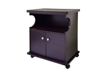 Tekerli ahşap masa üst üzerinde izole beyaz arka plan çalışması kırpma yolu ile televizyon koymak.