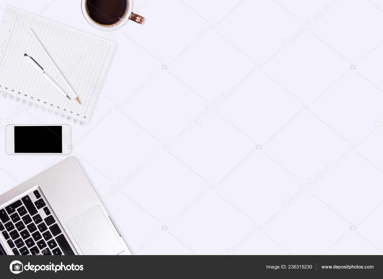 Modern White Office Desk Table Laptop Computer Smartphone Notebook