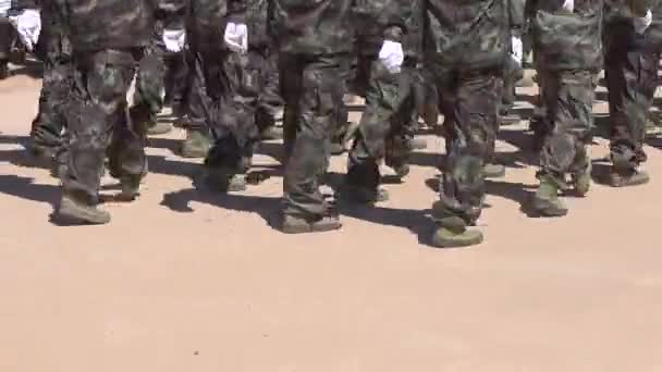 Soldados Com Uniforme Camuflagem Marchando Formação Desfile Dia Nacional Forças — Vídeo de Stock