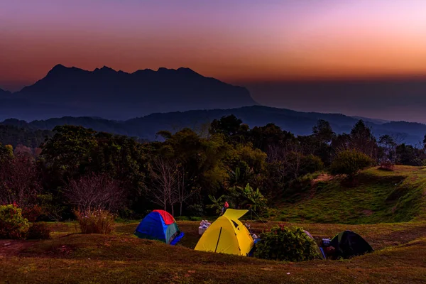 Tourist tent on the hill at San Pa Kia, Doi Mae Ta Man viewpoint located in Chiang Dao district, Chiang mai province, Thailand.