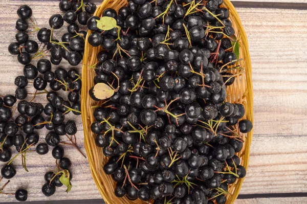 테이블에 고리 버들 바구니에 잘 익은 아로니아 열매 — 스톡 사진