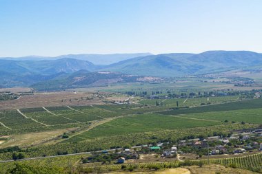 Ön planda kırım manzarası ekili tarlalar ve alçak dağların arkasında.
