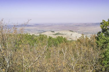 Kırım manzarası, meşe korusu ve uzak mesafedeki Karadağ dağları sisle kaplı. Kırım