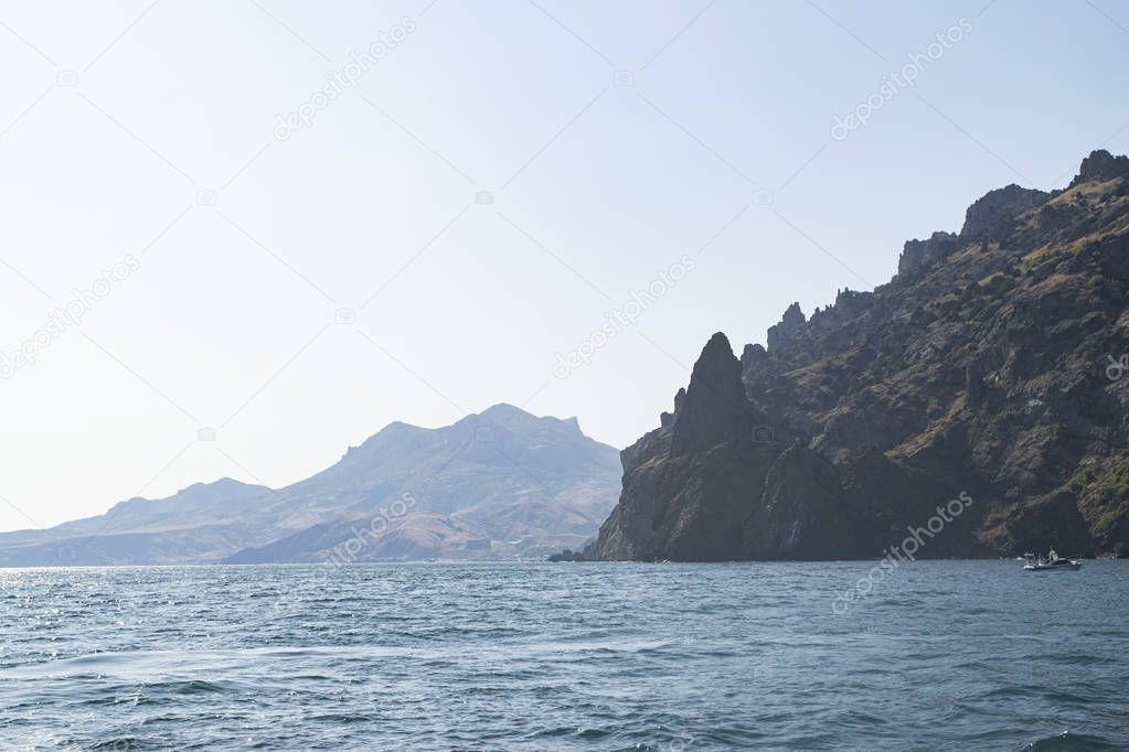 Kara-Dag mountains, view of the rocks from the sea, Crimea