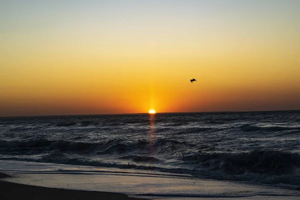 Sonnenaufgang über dem schwarzen Meer, Wellen am Sandstrand. — Stockfoto