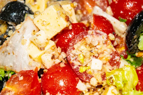 Gemüsesalat Mit Käse Fitness Salat Mit Tomaten Zwiebeln Oliven Salat — Stockfoto