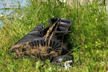 Yeşil çimlerde eski deri yürüyüş botları. Yaz bir seyahat zamanıdır. Kapat.