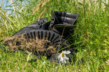 Yeşil çimlerde eski deri yürüyüş botları. Yaz bir seyahat zamanıdır. Kapat.