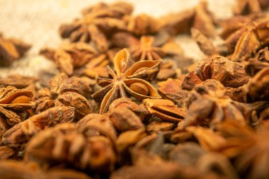 Çuval bezinin arka planında kabataslak desenli bir yıldız anason yığını. Kapat.