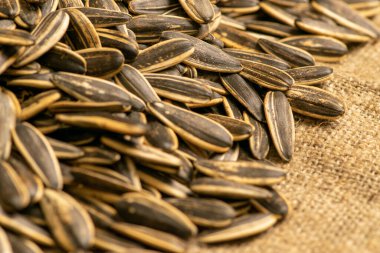 Kaba desenli çuval bezine saçılmış ayçekirdeği. Kapat.