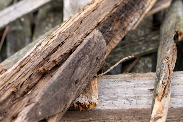 A pile of old boards suitable for the furnace, close-up, selective focus