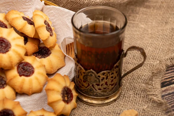 Homemade Pastry Cookies Jam Faceted Glass Tea Vintage Cup Holder — Stock Photo, Image