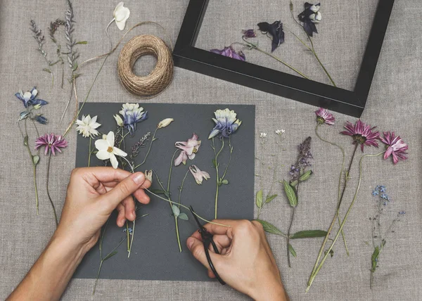 Děvče Vyrábějící Herbář Sušené Byliny Sušené Květiny Výrobu Herbáře — Stock fotografie