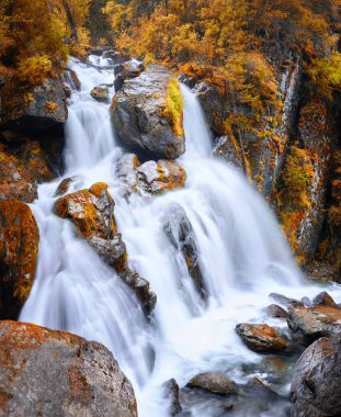 Sonbahar görünümü bir şelale dağlarda Altay bölgesi, Sibirya, Rusya Federasyonu